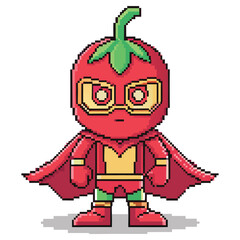 Pixel Art Tomato Superhero with Cape, Glasses, and Boots on Transparent Background