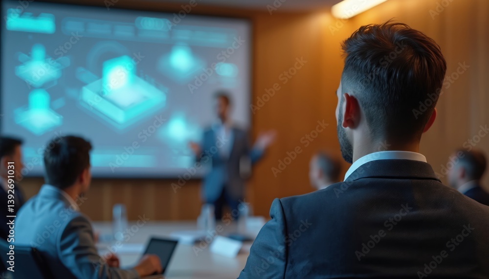 Fototapete audience members in conference room listen ai presentation. speaker present on screen using projecto
