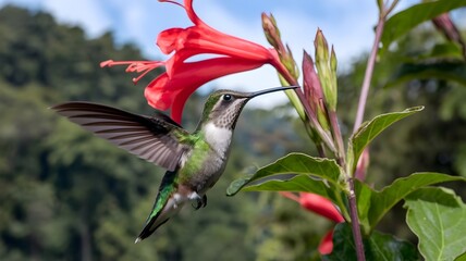 Obraz premium Hummingbird Hovering Near Red Trumpet Vine Flowers