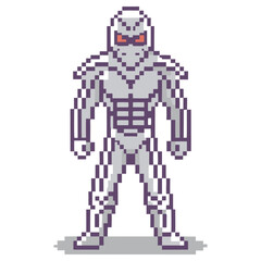Obraz premium Pixelated Silver Robotic Character with Red Eyes, Isolated on White Background