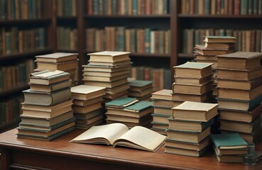 Fototapeta premium Stacks antique books wooden desk. Open book, library background, bookshelf behind. Knowledge, education concept. Old, vintage literature, history, learning, reading, academia, information, study.