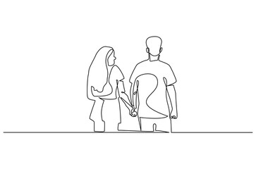 Obraz premium Continuous one line drawing of young Couple Walking Together. Single line drawing illustration of romantic back view couple holding hands. Romance concept vector art. Doodle line illustration.