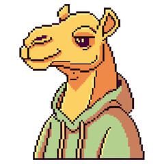 Pixelated Camel in Hoodie with Transparent Background, Retro Style