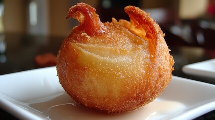 Close up of a golden brown, round, deep fried treat on a white square plate. 