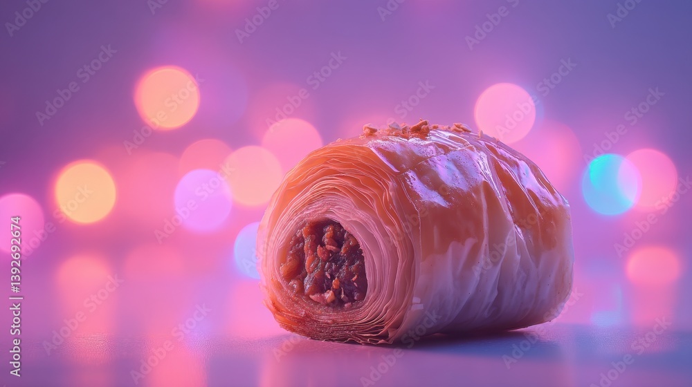 Poster close up of a golden brown pastry with visible nuts and powdered sugar, set against a blurred backgr