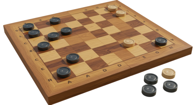 Isolated Draughts Boardgame Pieces on Wooden Board