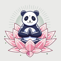 Ein lächelnder Panda sitzt meditierend im Lotussitz auf einer zartrosa Lotusblüte. Die stilisierte Cartoon-Illustration strahlt Ruhe, Achtsamkeit und Harmonie aus und zeigt spirituelle Symbolik 