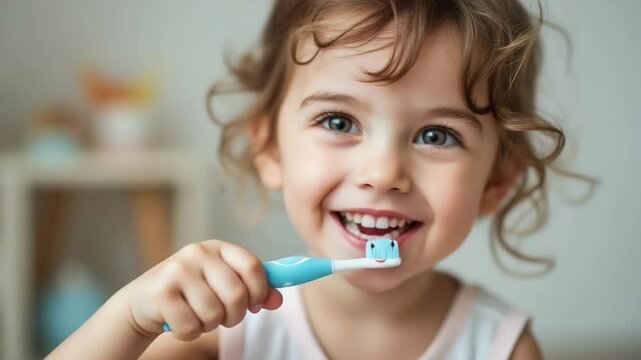 Cute preschool child brushing teeth with smiling animal-shaped toothbrush

