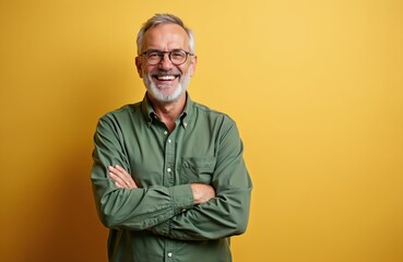Middle-aged grey-haired man wearing green shirt, glasses with crossed arms looking at camera. Smiling happy expression against yellow background. Portrait of confident, cheerful, positive person with