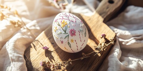 Fototapeta premium Easter egg decorated with delicate hand embroidery, resting on rustic wood with dried flowers. Soft natural light. Perfect for slow living, springtime, and handmade celebration themes.
