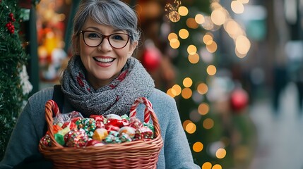 Mature female professional with festive basket of holiday candies