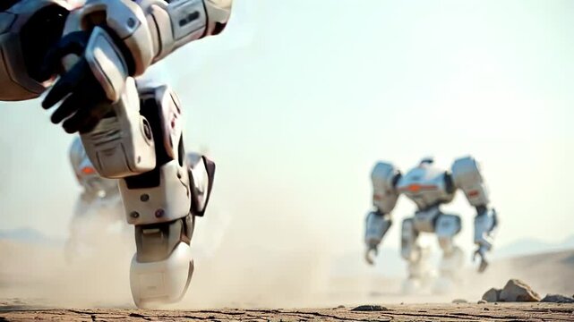 Futuristic AI mecha battle machines stride forward with heavy mechanical precision, revealing cracked terrain and billowing dust clouds in their wake
