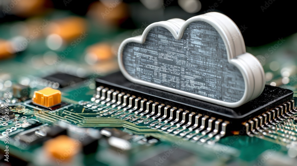 Poster close up of a circuit board with a cloud shaped microchip. illustrates concepts of cloud computing, 