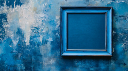 Empty blue frame on textured blue abstract wall. Bold artistic background for creative display or modern interior decor.