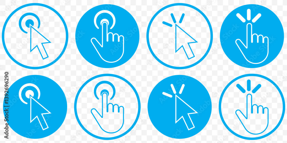 Poster blue cursor click, computer mouse icon set, vector arrow collection on transparent background. eps 1