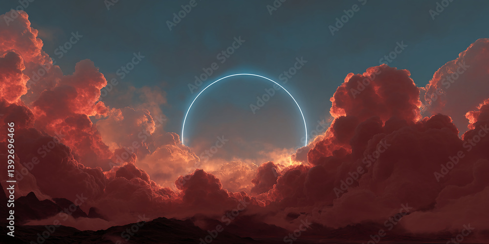 Poster Red cloudscape at sunset, illuminated by a glowing white arc, creating a dramatic and serene atmosphere, showcasing a celestial event or a fantasy setting