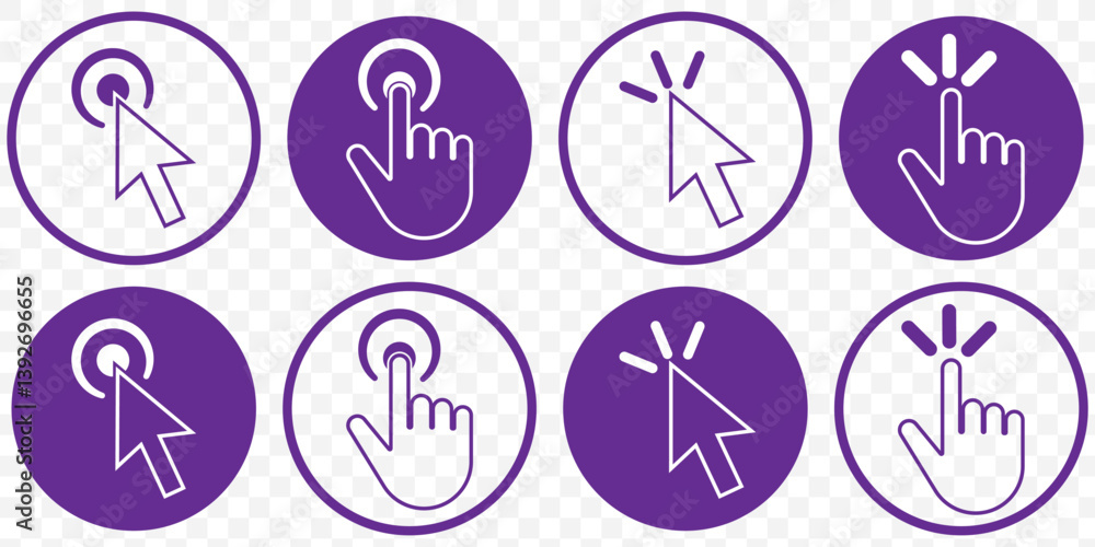 Aufkleber Purple mouse click pointer icon set. mouse cursor icon set. mouse cursor hand pointer. arrow pointer set. vector illustration on transparent background. EPS 10.