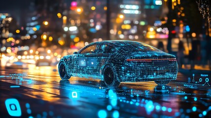 Driving Future Technology Electric Car with Digital Interface on City Street