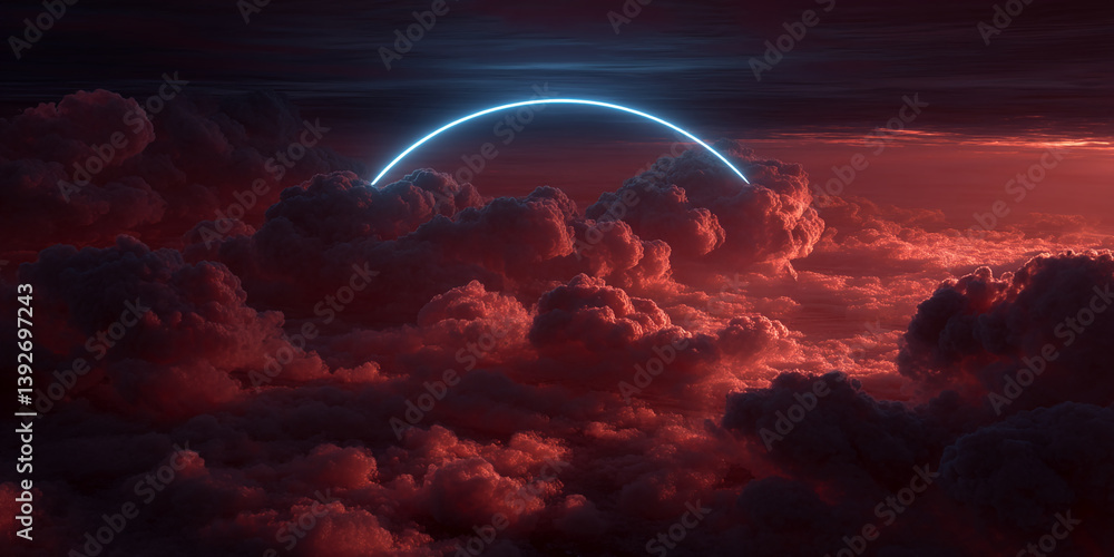 Poster red cloudscape at sunset, illuminated by a glowing blue arc above, creating a dramatic and atmospher