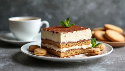 Traditional italian layered tiramisu dessert with mascarpone cream. Classic cake served with coffee, ladyfingers biscuits, and mint on a white plate on a gray concrete background.