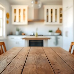 Empty wooden table with the bright white interior of the kitchen as a blurred background behind the bokeh golden sunshine