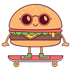 Cartoon Burger Character Wearing Glasses Riding Skateboard on White Background