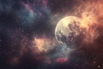 Obraz premium Cosmic moon bathed in nebulae
