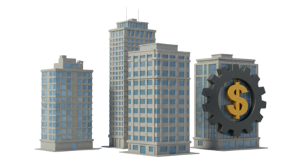 Isolated City Skyline with Cogwheel and Dollar Sign Symbolizing Corporate Finance