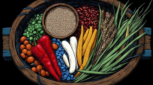 Overhead Pixel Art Basket Displaying Variety of Vibrant Grains Beans Vegetables