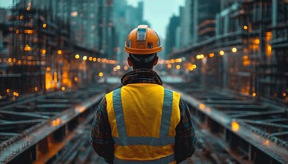 Construction Worker In Hard Hat At Night Construction Site