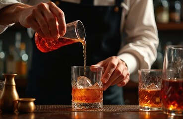 Bartender expertly pours vibrant amber drink into glass with ice. Pro preparation, cocktail making, pouring motion in bar. Luxurious beverage, elegant presentation, nightlife drink, perfect for