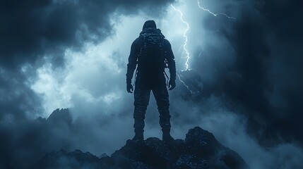 Solitary figure stands tall on a mountain peak during a thunderstorm