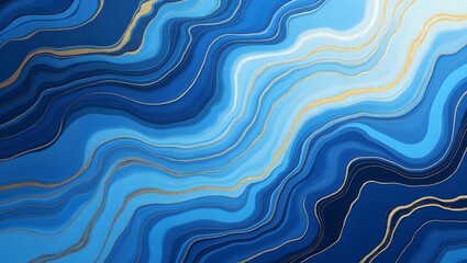 Obraz premium Abstract digital painting featuring flowing blue and navy tones with shimmering gold accents, resembling agate stone patterns or fluid waves. 