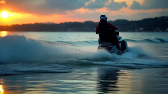Rider races across water at sunset creating splashes and enjoying the thrill of jet skiing on calm waves
