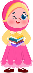 Winking Girl in Pink Hijab Carrying Stack of Books
