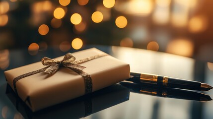 Detailed view of a fancy gift card and a fine pen on a polished table, showcasing a clean and minimalist design