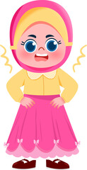 Joyful Cartoon Girl in Pink Hijab and Dress, Hands on Hips