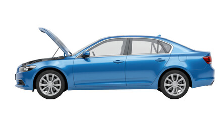 Isolated Blue Car with Hood Open for Automotive Repair and Maintenance