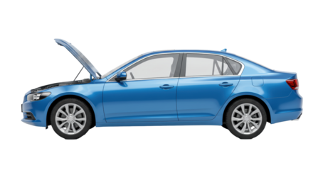 Isolated Blue Car with Hood Open for Automotive Repair and Maintenance