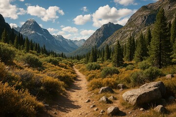 Fototapeta premium Scenic Mountain Hiking Trail Surrounded by Lush Greenery and Peaks