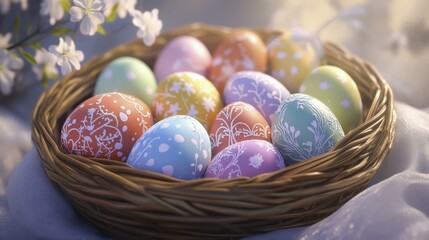 Fototapeta premium Festive Easter Eggs in Wicker Basket with Floral Decorations and Spring Flowers