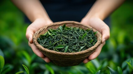 Fresh green tea leaf closeup view.