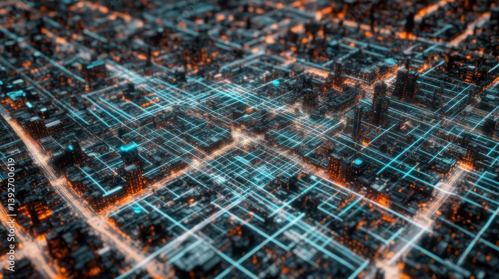 Poster illuminated city grid with data lines and glowing infrastructure details