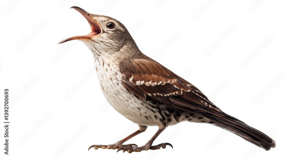 Poster Cuckoo bird calling with open beak and expressive feathers set against a white background during a calm morning