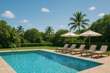 Fototapeta premium Tranquil Poolside Setting with Loungers and Umbrellas in Nature