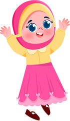 Joyful Girl in Pink Hijab and Dress, Cheerful Cartoon Illustration