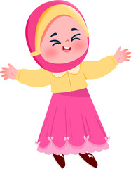 Joyful Young Girl in Pink Hijab and Dress, Cheerful Cartoon Illustration