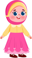 Joyful Cartoon Girl in Pink Hijab and Dress