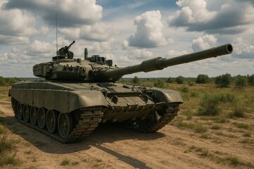 Military Tank in Serene Landscape Under Dramatic Cloudy Sky