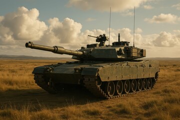 Fototapeta premium Military Tank in Stunning Landscape Under Beautiful Clouds